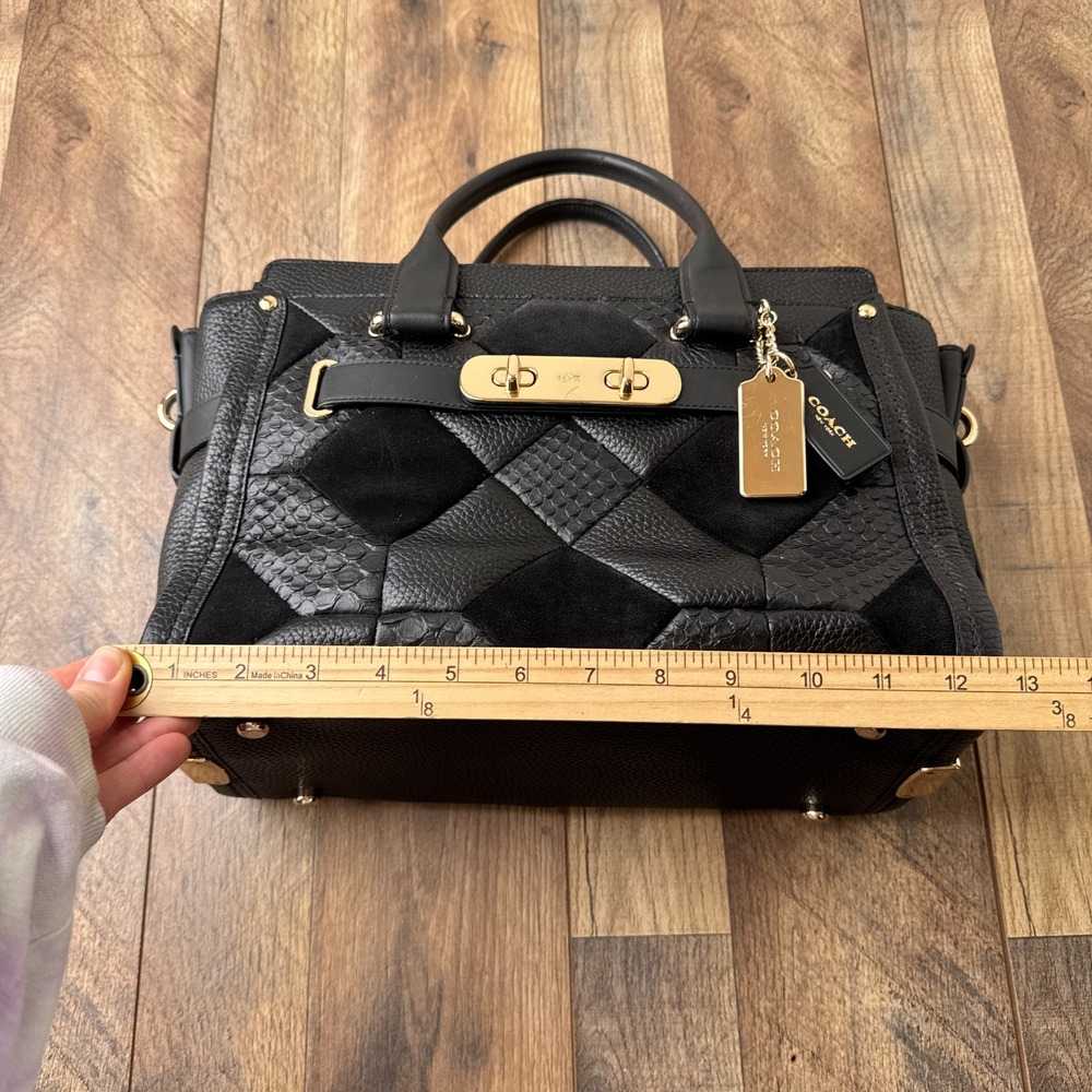Coach Swagger in Patchwork Pebble Leather Satchell Handbag Black Gold Hardware - Picture 15 of 16